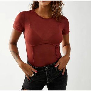 Free People Intimately Seamed Short Sleeve Sheer Bodysuit NEW